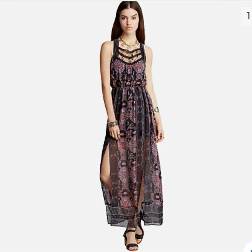 NWT Free People Moroccan Black Printed Lace Yoke Maxi Dress 4 - Picture 7 of 13